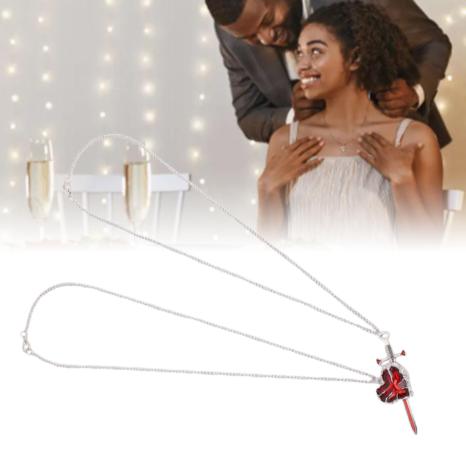 AMONIDA Zestaw Naszyjników dla par z Sercem i Mieczem, Pasujące Naszyjniki dla par z czerwoną emaliowaną metalową zawieszką Romantyczny Prezent na Walentynki Rocznica Niego Jej