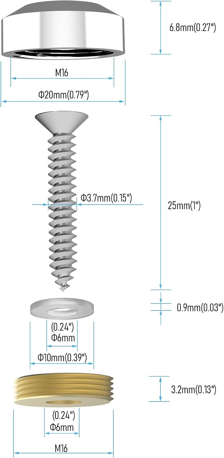 8 PCS 20mm Mirror Screws, Beveled Silver Lid, Bright Silver