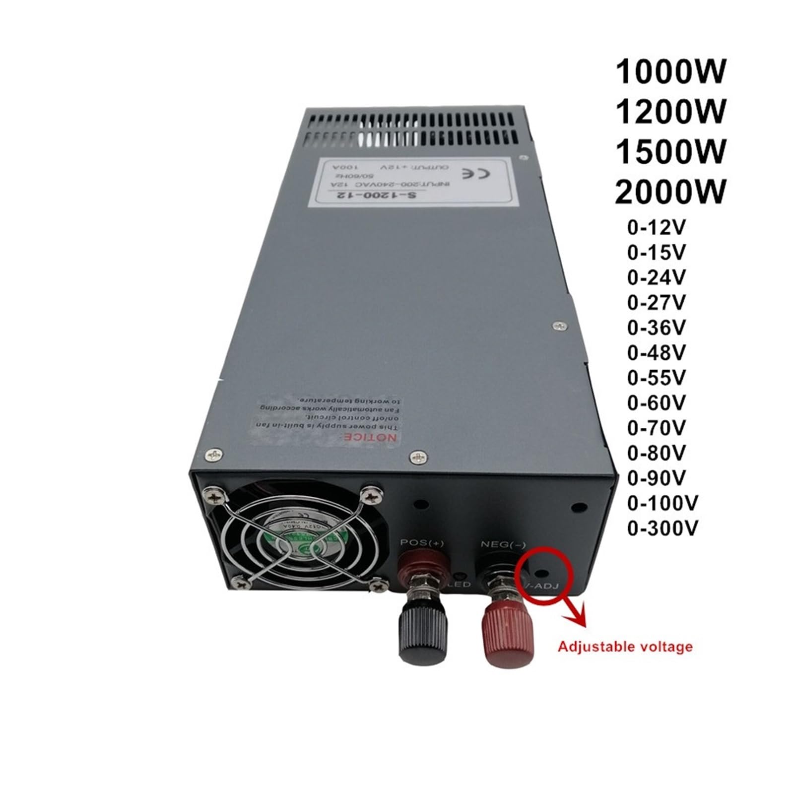 1000W 1200W 1500W 2000W Przemysłowy zasilacz impulsowy Regulowany DC 12V 24V 36V 48V 55V 110V 220V 300V 350V DC Transformator Buck Konwerter do kampera, samochodu, komputera, laboratorium(110V,2000W)