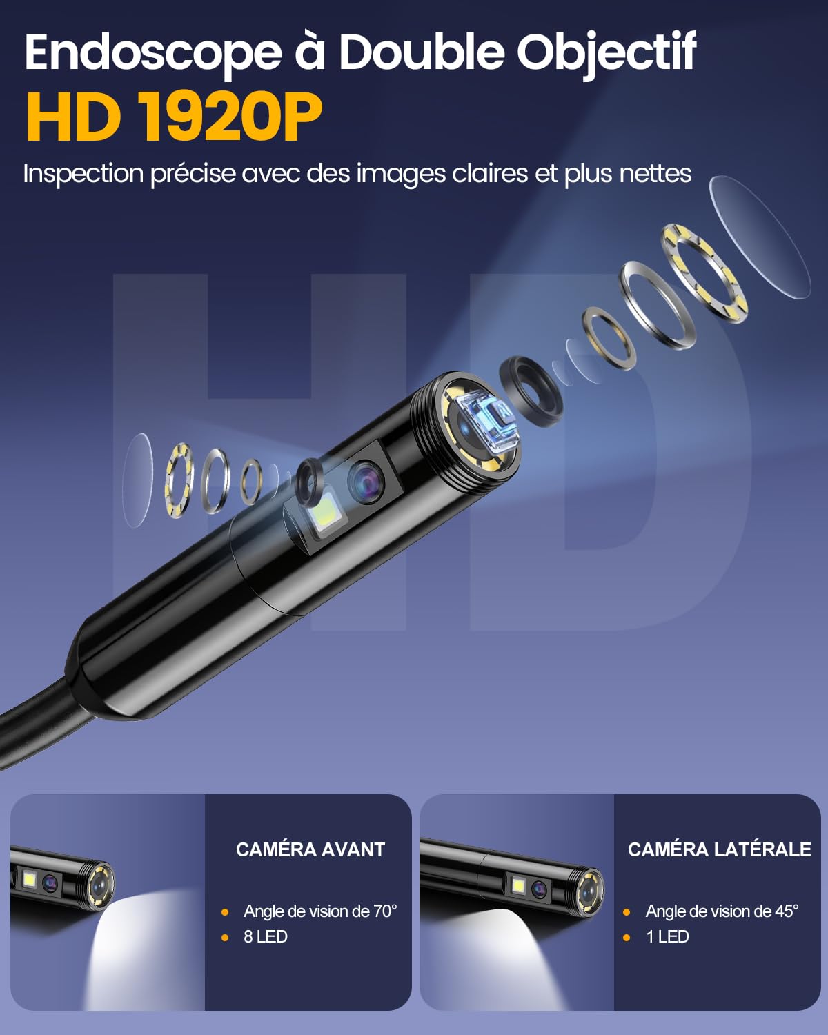 Camera Endoscopique, Camera Canalisation à Double Objectif HD 1920P, Caméras d'Inspection Sonde de 7,9mm Étanche IP67 avec 8 LED, Câble Semi-Rigide de 5M pour Android iPhone Tablettes