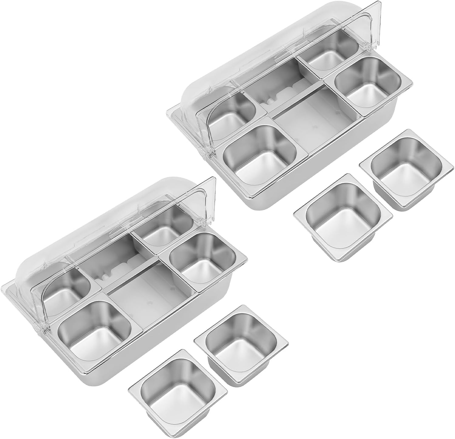 Countertop Food Serving Display Container Stainless Steel Food Containers with Lid 12Pcs Clamps 12Pcs Spoons 6Pcs Ice Boxes Steel Condiment Dispenser Display Rack for Restaurant Hotel Party 2*6 Pan