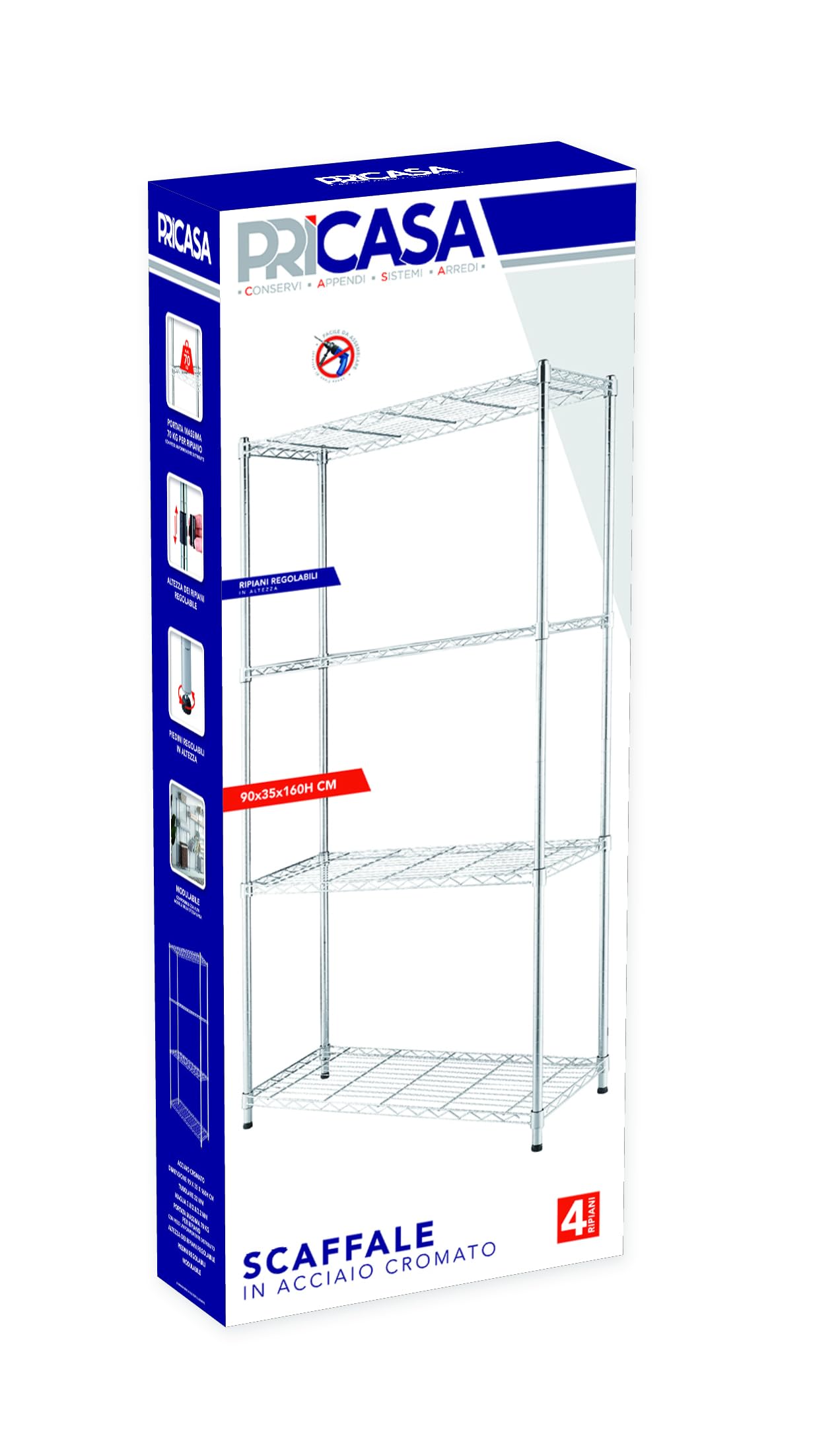 arredoplaza - Scaffale In Acciaio Cromato Robusto Resistente 4 Ripiani Regolabili 90x35x160 CM Per Casa Ufficio Garage Magazzino Portata 70Kg Design Moderno Funzionale Facile Da Montare