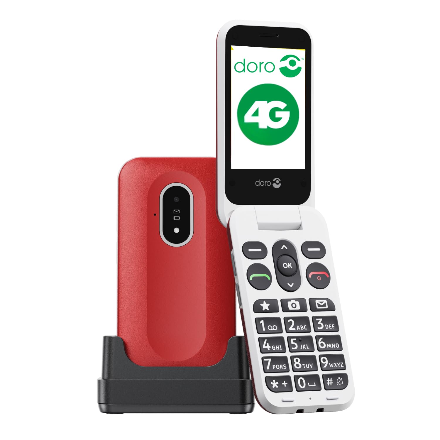 Doro - Leva L20 - Téléphone Portable Senior - Téléphone À Clapet 4G Débloqué - Grand Écran - Son HD Puissant - Appareil Photo - Touche d'Assistance Avec GPS - Socle Chargeur Inclus - Rouge/Blanc