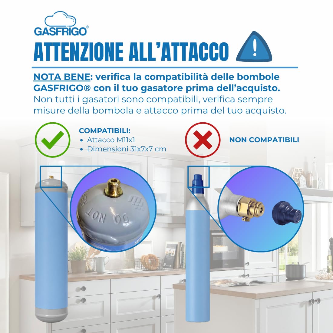 Bevi sano, bevi Italiano! GASFRIGO® Set 2 Bombole CO2 per Gasatore e Depuratore Acqua Frizzante - 600g E290 Alimentare - Attacco M11x1 - Scorta Risparmio! Bombola e Gas 100% Made in Italy