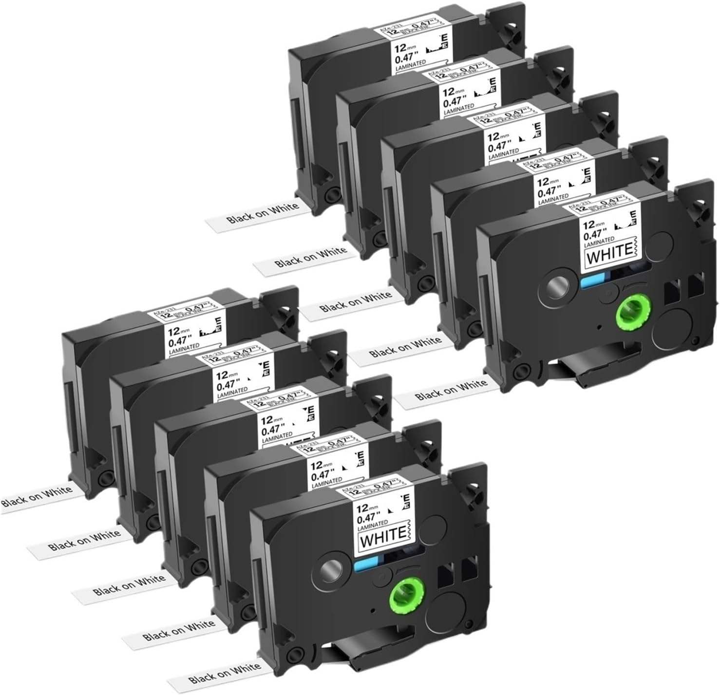 10Pcs 6/9/12/18/24mm TZ 231 241 251 211 Tz 631 651 Black On White Laminated Tape Compatible for Brother PTouch Label Maker(10PK Black on White,12mm)