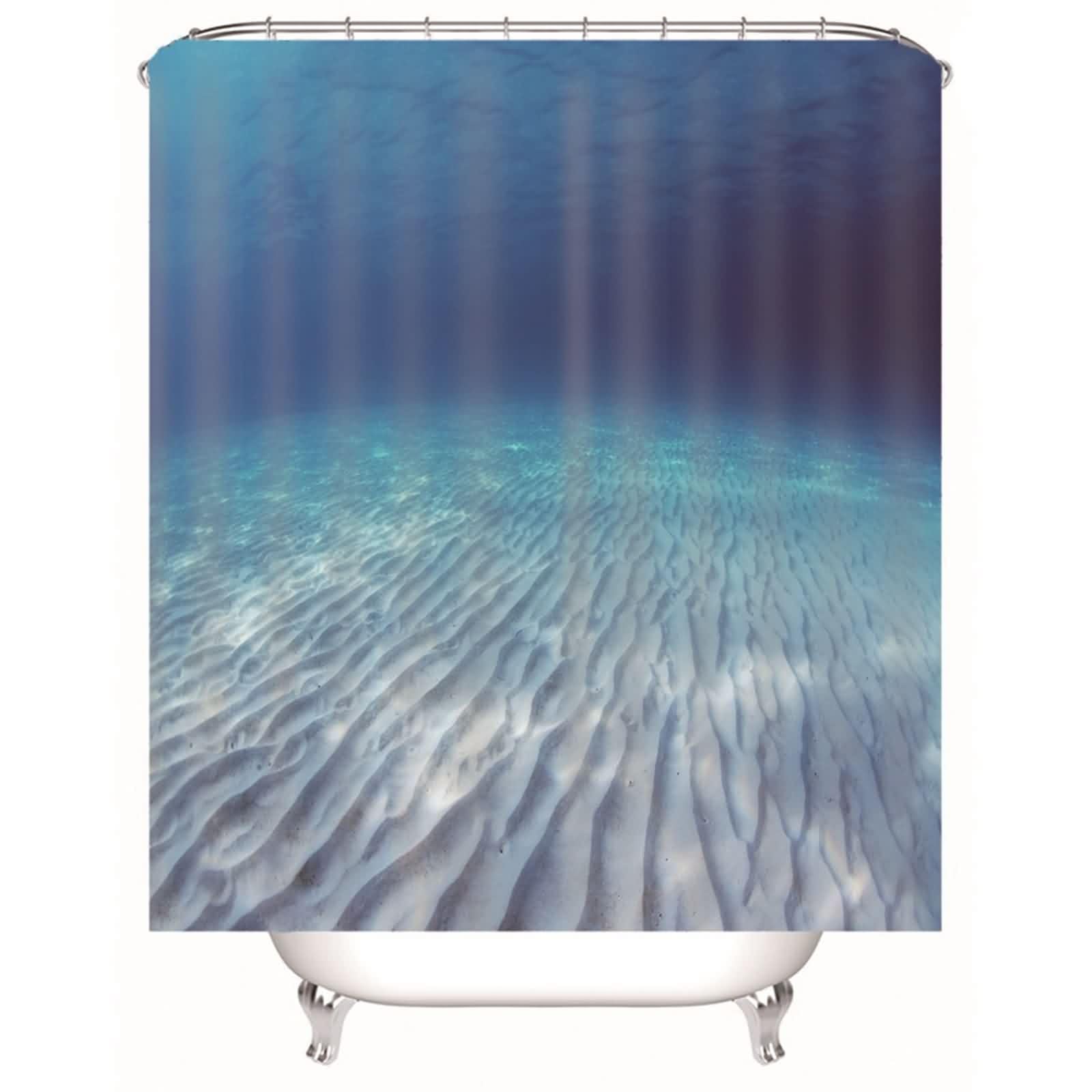 Rideau de douche bleu en tissu polyester lavable et résistant à la moisissure avec anneaux