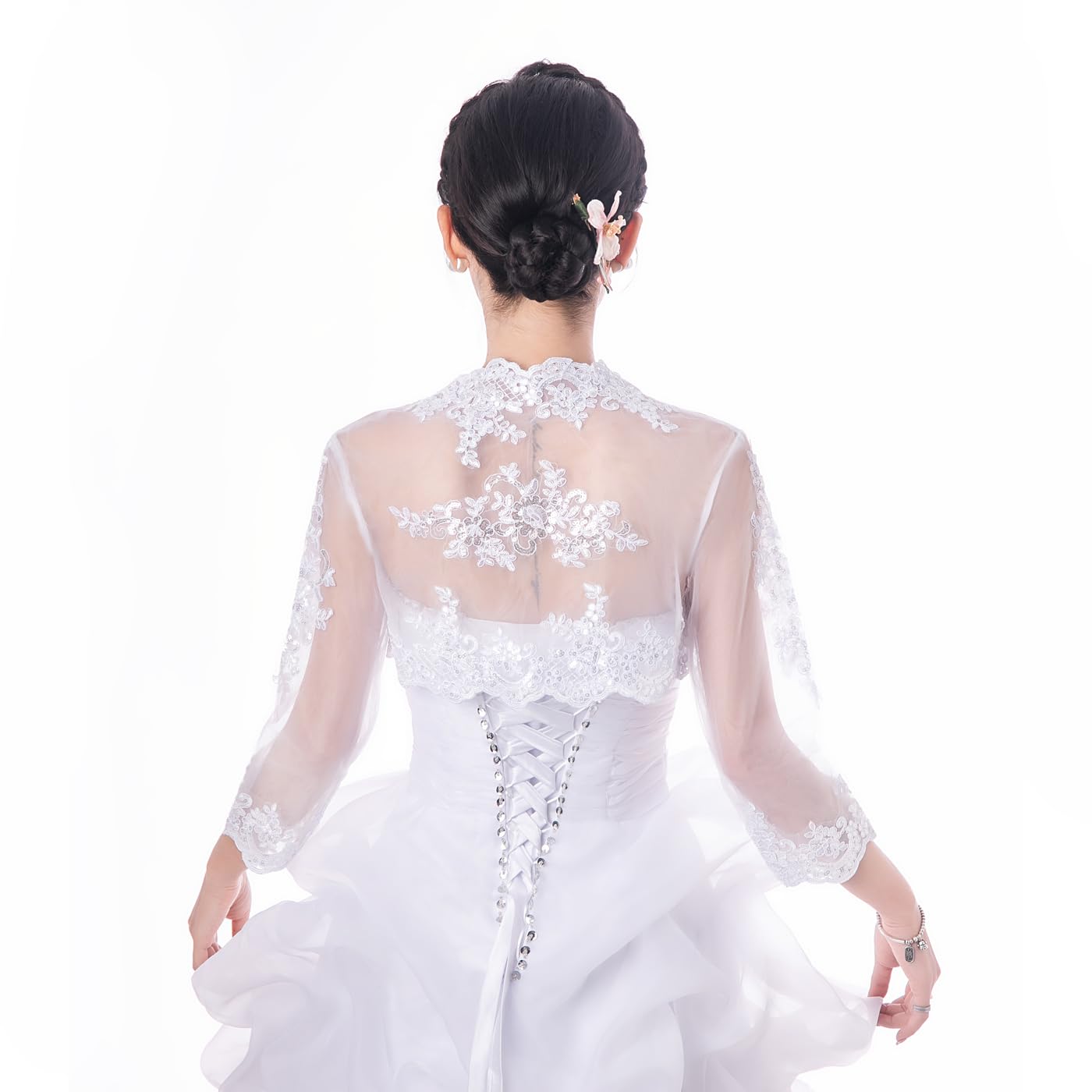 Damen Hochzeit Top Spitzenjacke für Braut Spitze Bolero Jacke Langarm