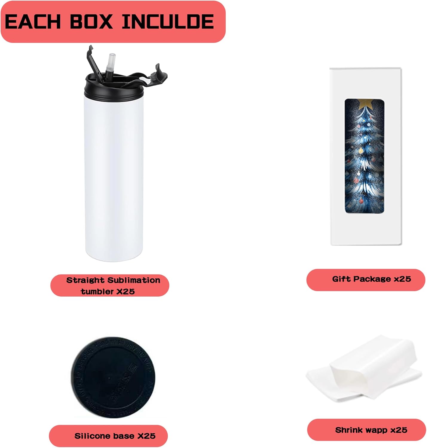 25 Pack Sublimation Tumblers Bulk With Flat Edge, Sublimation Tumbler Blank with Handle lid, Skinny Straight Stainless Steel Blanks Cups with Individual Box(25 PACK Handle Lids D)