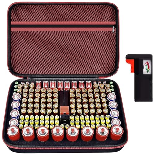 casmilee Storage Case & Battery Organizer with Tester for 162+ AA AAA 4A C D 9V 3V Lithium LR44 CR2 CR123 CR1632 CR2032 18650 Button - Batteries Not Included (Red)