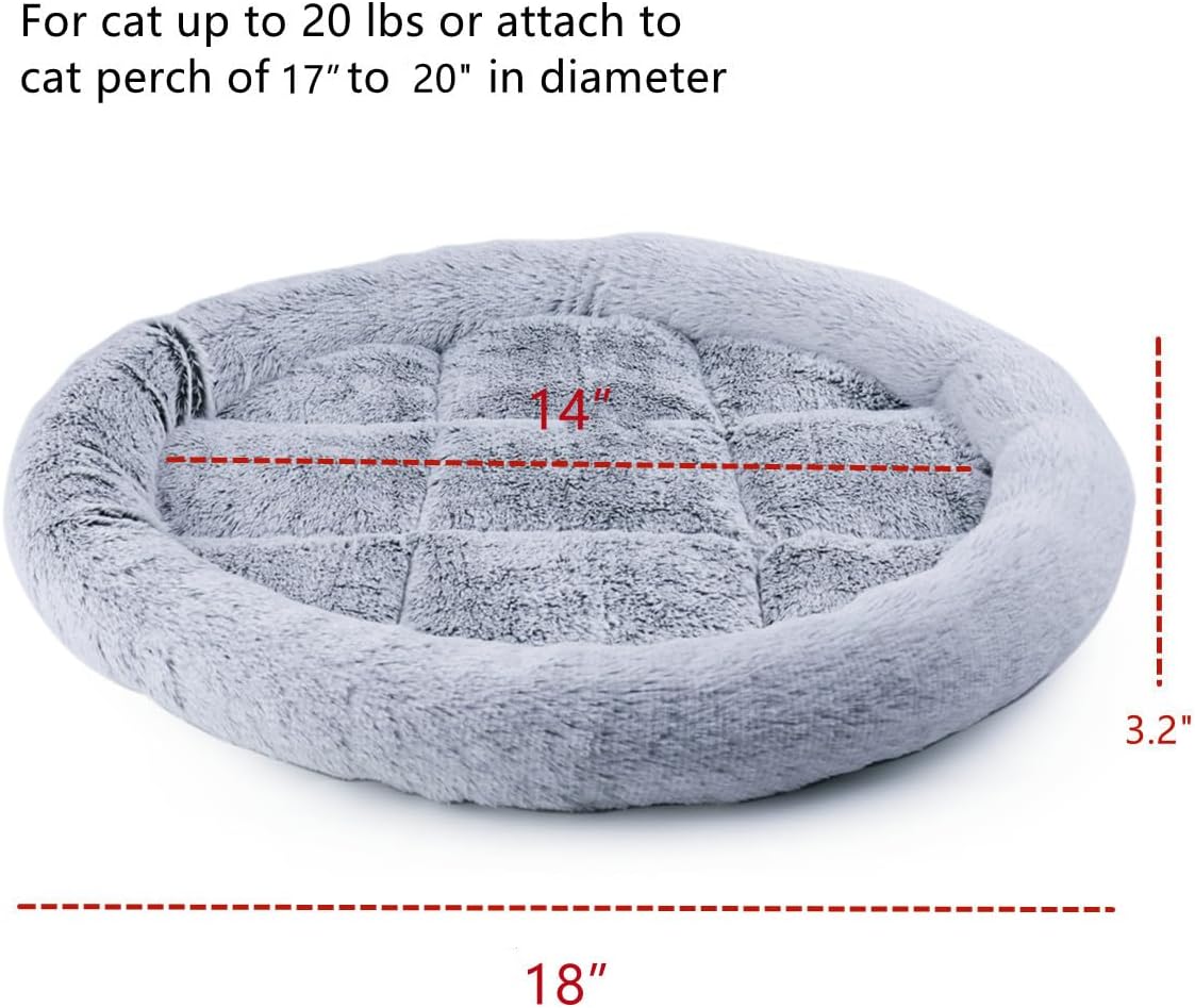 SHENGOCASE 18“ Fluffy Faux Fur Cat Tree Tower Replacement Bed Cushion Pillow with Hook Tapes, Round Donut Cuddler Cat Dog Bed for Desk Table