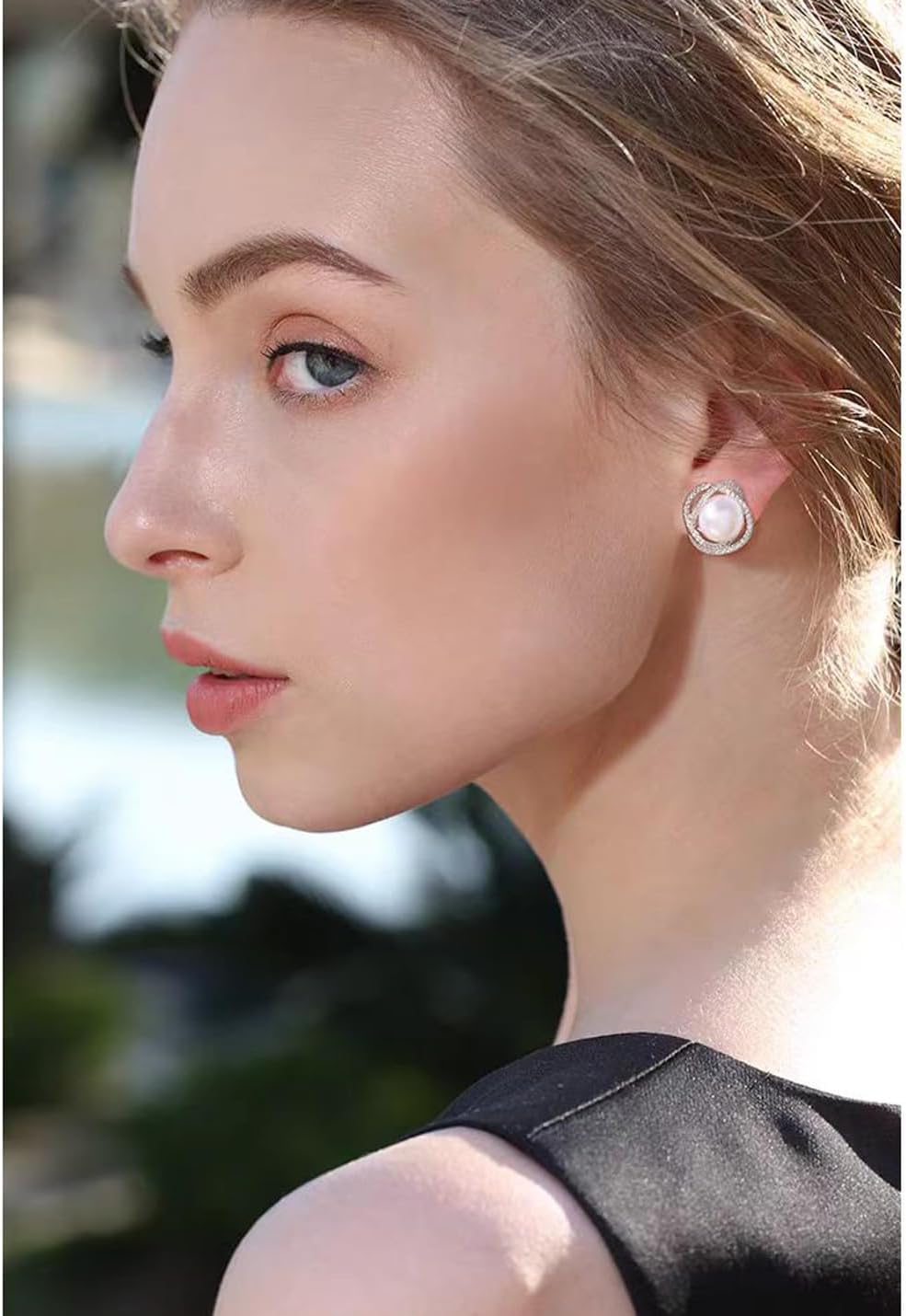 Pearl Stud Earrings for Women - White Pearl Stud Earrings - Cultured Freshwater Pearl in CZ Pave Stud Earrings - Image 5