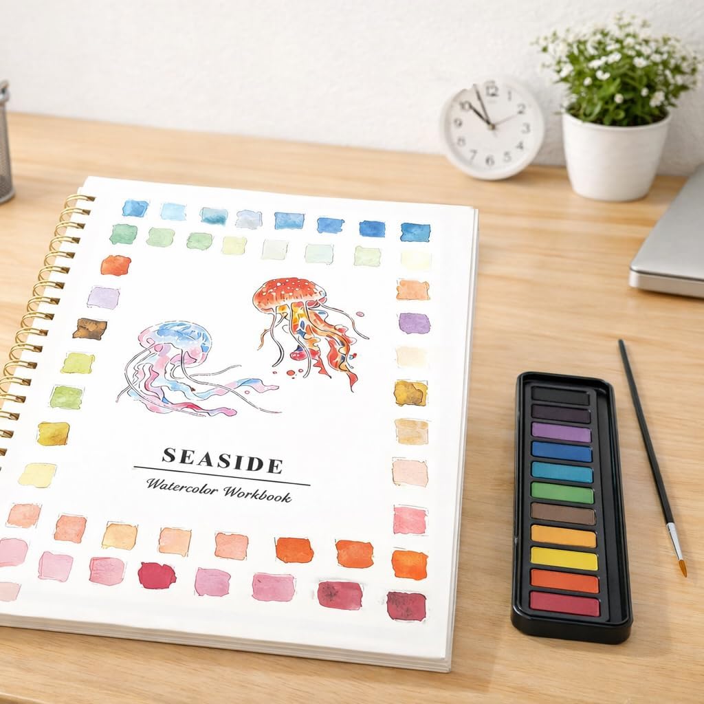 Beginner Watercolor Painting Kit with Seaside Watercolor Workbook, 12 Colors Watercolor Paint Set, Paint Brushes Included, Easy Art Set for Beginners