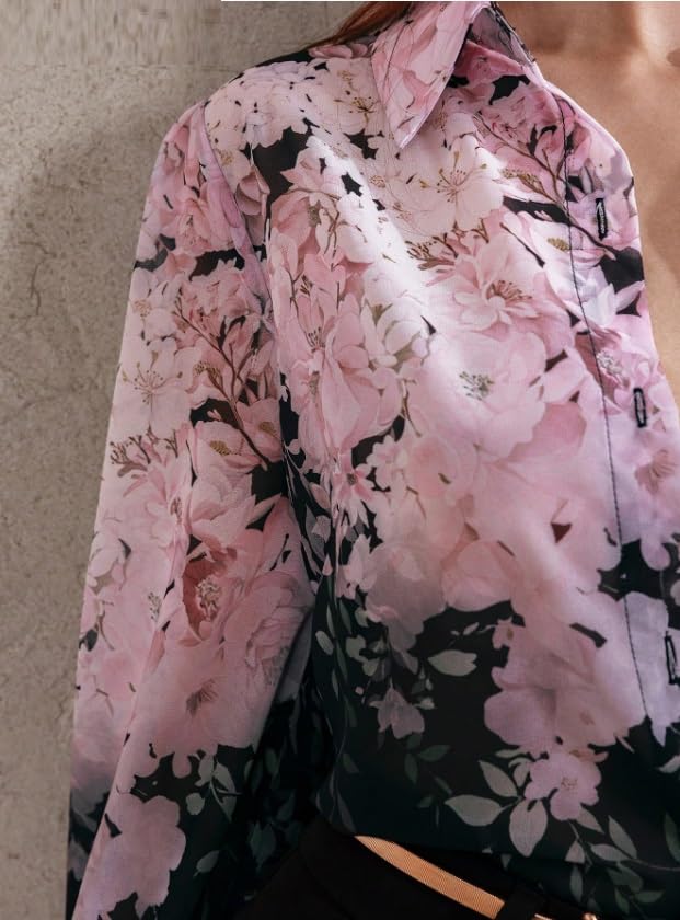 Image of Women Shirt || Women Top ||Autumn Leaves Print Polo Collar Shirt, Casual Long Sleeve (S-22-25)