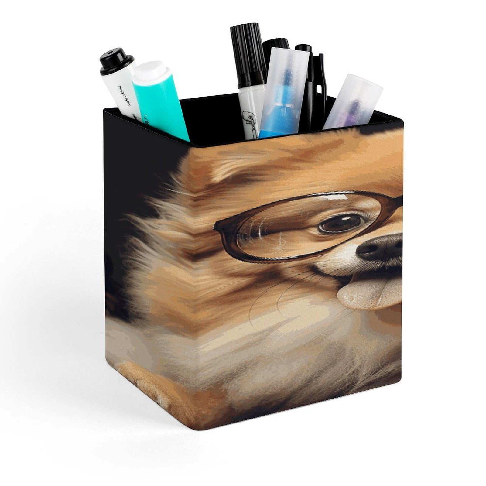 Pomeranian Dog Wearing Glasses Pencil Holder for Desk Square Leather Pen Holder Cup Desktop Organizer Multi-Functional Pencil Cup Holders Modern Decorative Desk Organizer Caddy Makeup Brush Holders