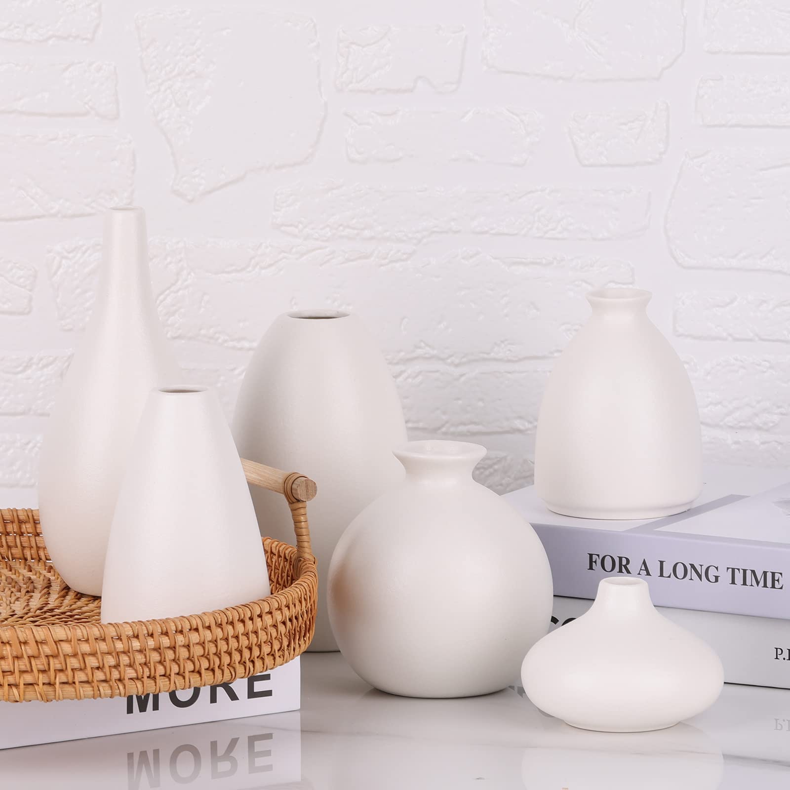 Kleine Weiße Vase, 6er-Set, Keramik-Knospenvasen für Tafelaufsätze, Zimmerpflanzen, Ikebana, Mini-Vasen für Dekoration, Geeignet für Hochzeit, Modern, Minimalistisch