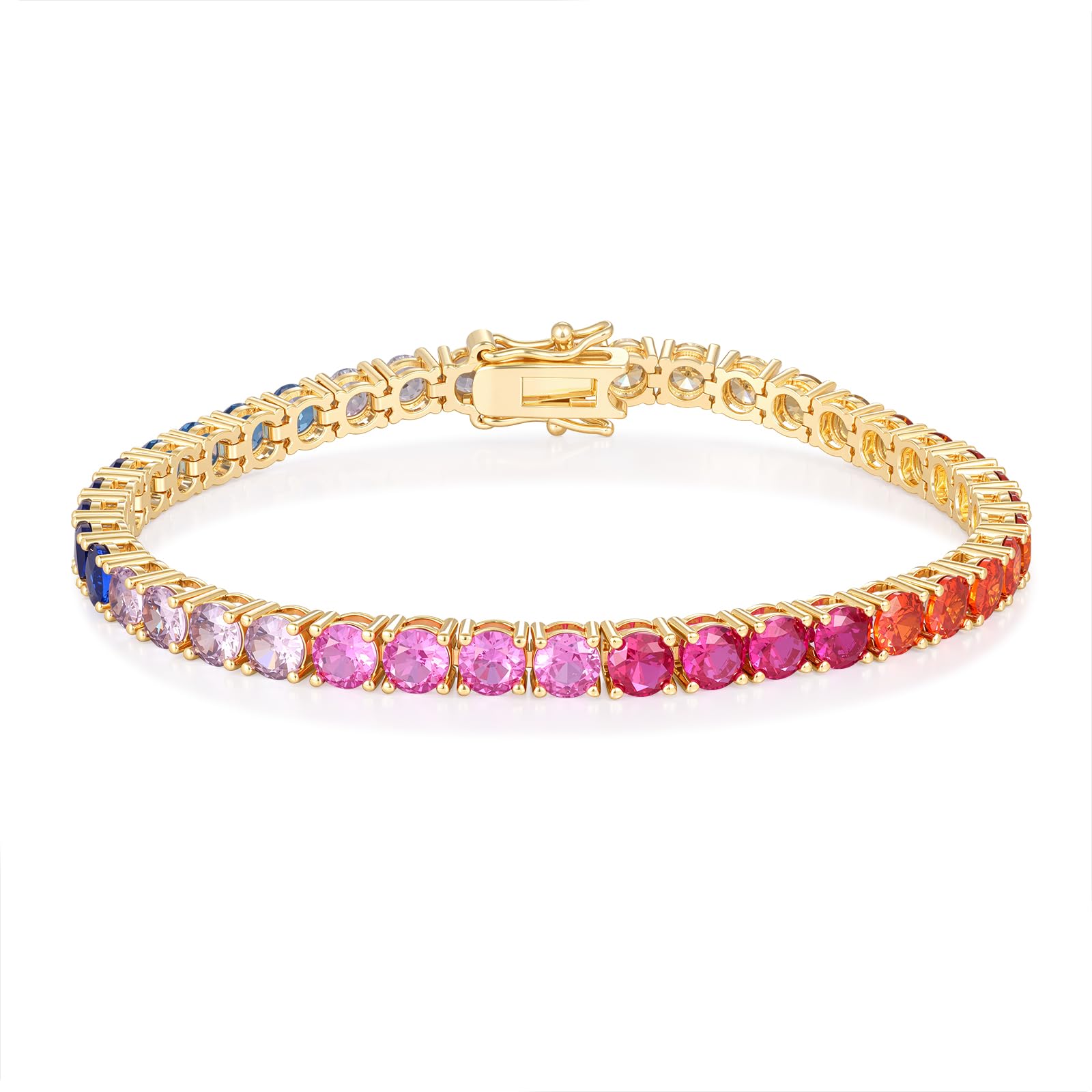 GEMSME 4.0MM Tennis Bracelet for Women-Rainbow Cubic Zirconia Bracelet,14K White/Yellow Gold Plated Colorful Round Cut CZ Tennis Link for Jewelry Gift