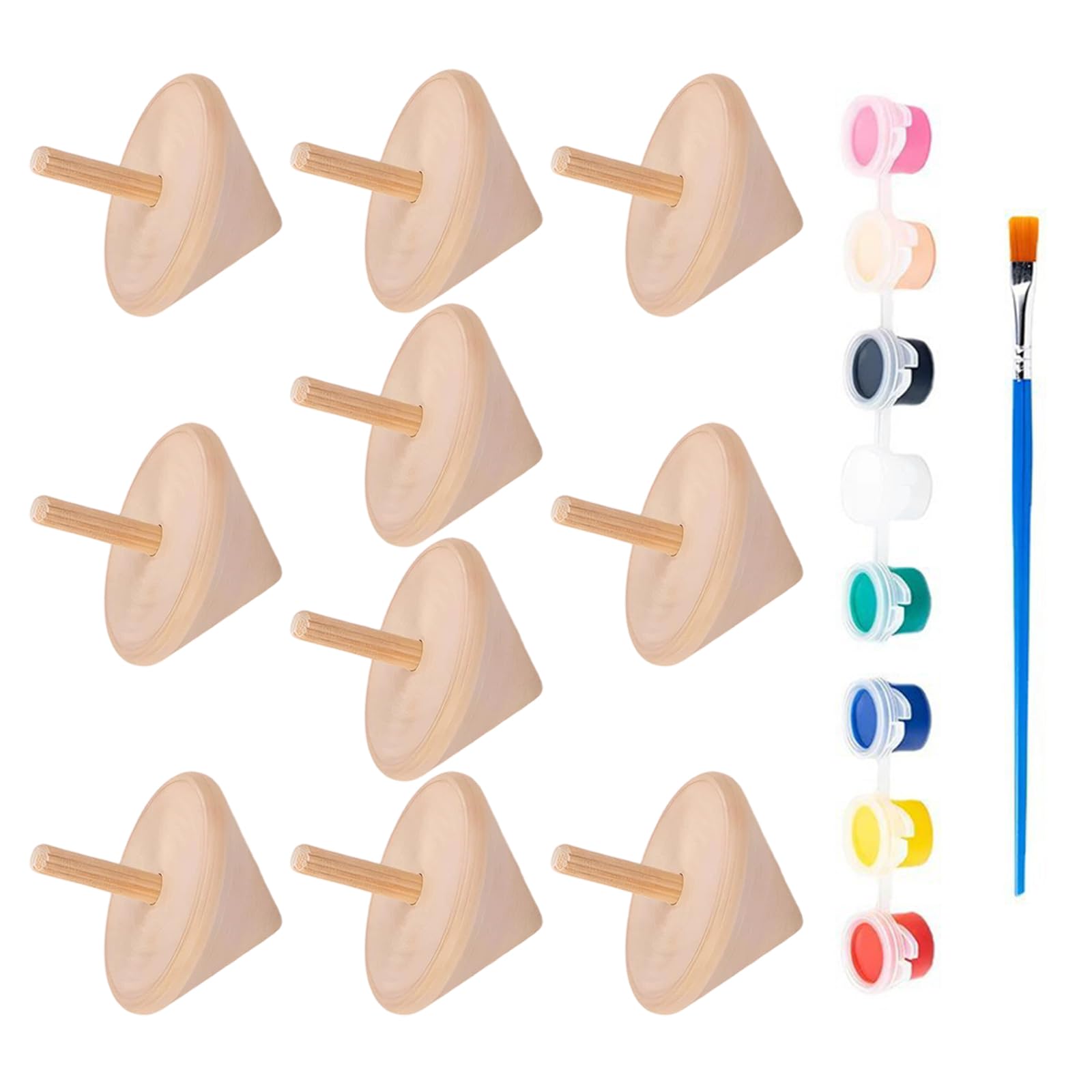 PANGBOER Decora Set trottole in Legno con Non finiti verniciabili, 8 vasetti Pittura e Pennello per progetti tavoli Gruppo Set trottole in Legno Non finiti Pezzo Legno verniciabile