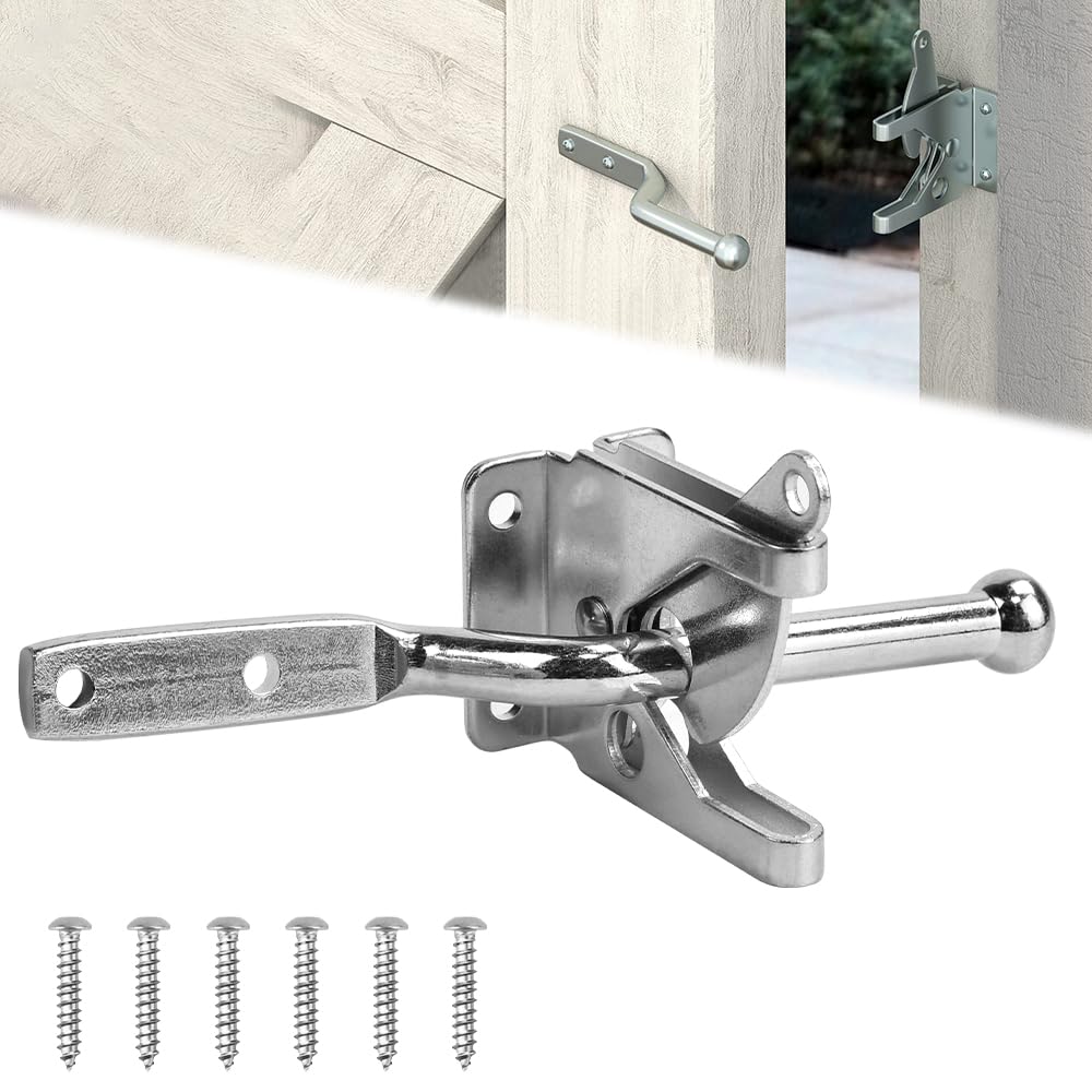 Auto Gate Latch Heavy Duty Steel Gravity Gate Lock Suffolk Latch Medium Auto Gate Catches Silver Door Lock Self Locking Gate Latches with 6 Screws for Wooden Gate Garden Gate and Fence Gate
