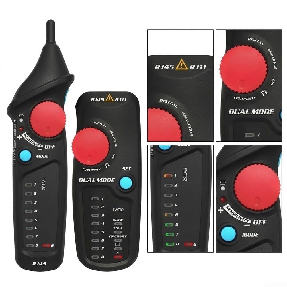 Netzwerk Kabeltester FWT82 Dual Mode für RJ45 RJ11 - Leitungstester mit Tonsuche & Kontinuitätsprüfung für LAN CAT6 CAT7 - Schwarz 12x21cm