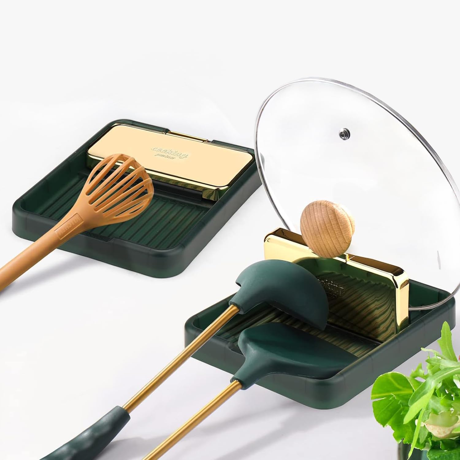 Spoon Rest with Lid Holder for Stove Top (2 Pack) Spatula Ladle Pot Lid Utensil Rest for Countertop,Kitchen Gadgets Accessories for Cooking (Green) مساند للملعقة