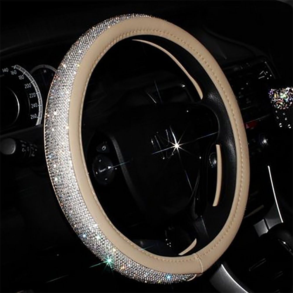 Automative Steering Wheel Cover, PU Leather Bling Crystal Rhinestones, Anti-Slip, Beige & Silver
