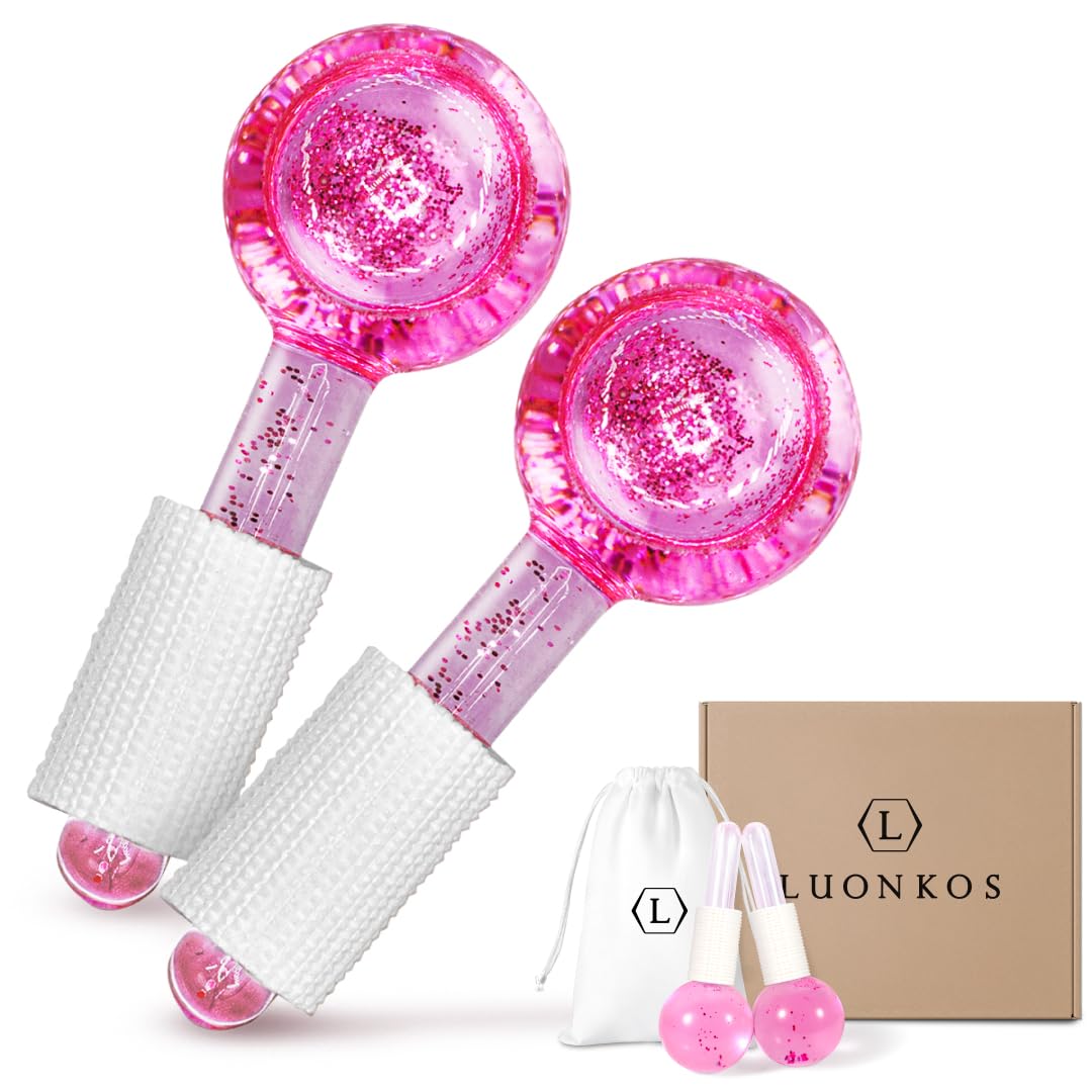 Ice Globes For Facials - Pink Cold Face Roller - Glass Cryo Ball Ice Facial - Anti-Age Set Of 2 Face Globes - Cryo Sticks For Face & For Eye Depuff - Facial Tool - Ice Balls For Face -
