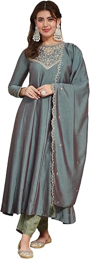 MOKOSH Women's Silk Embroidered Anarkali Kurta and Pant Set with Dupatta | 3 Piece Ethnic Kurta Set for Women | Regular Fi...