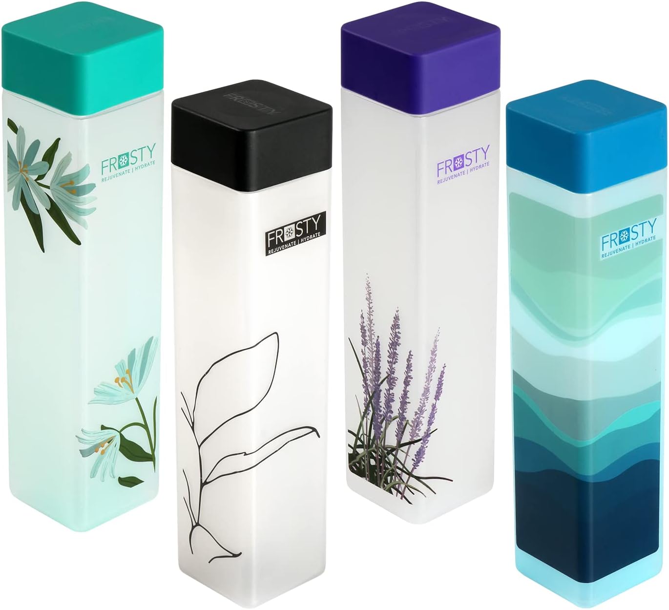 Frosty Plastic Food Grade Fridge Square Bottle Gift Set(4 Pieces,1L,Labelled Floral Design), 950 milliliter