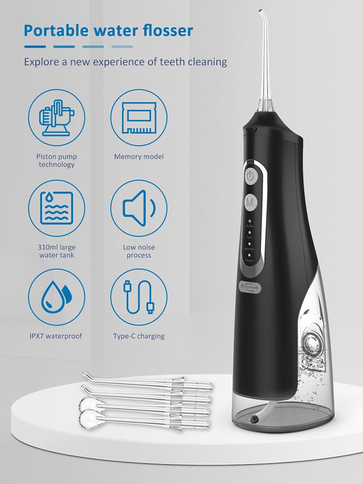 Detergente Portatile Ricaricabile Tramite USB-c for Denti, Ideale for Viaggi a Casa, Apparecchi Ortodontici e Cura dei Ponti. Grado di Impermeabilità Ipx7