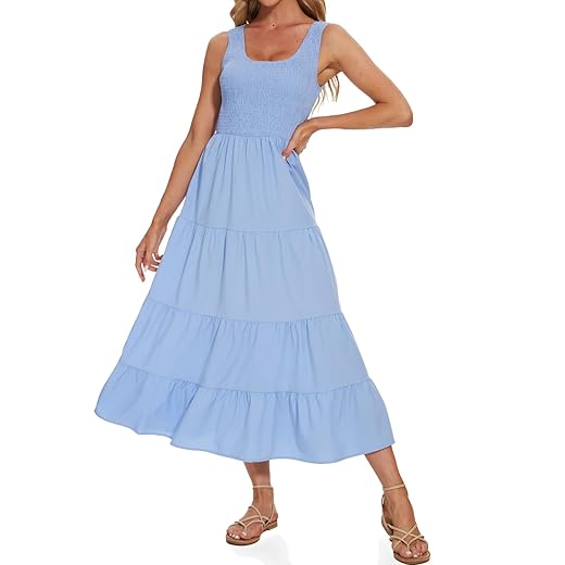 Vestido longo feminino de verão com decote em U sem mangas e bainha com babados em camadas, vestido rodado