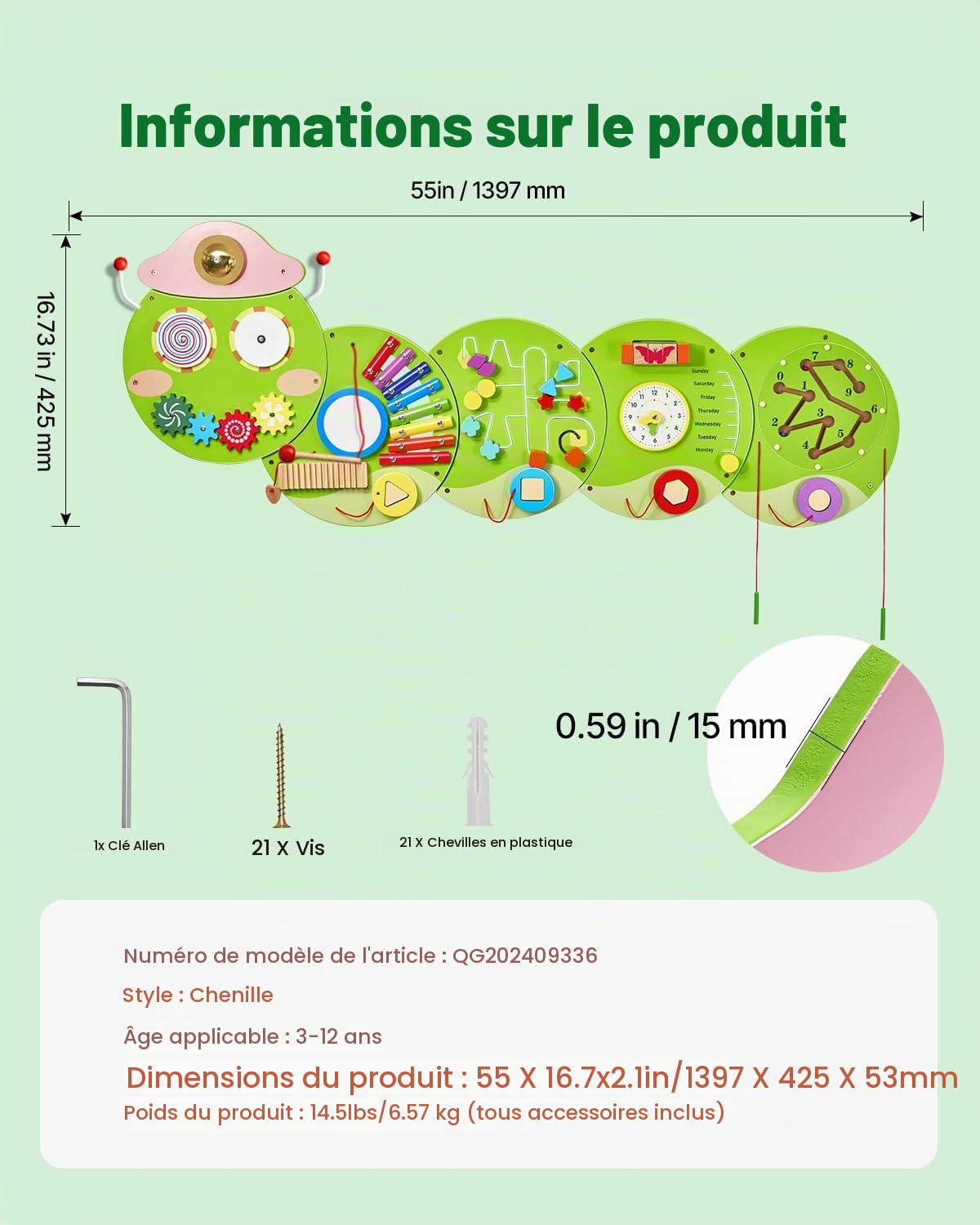 VEVOR Panneau Mural Sensoriel Chenille pour Enfants, Tableau d'Activités Montessori avec 12 Jeux, Jouet Éducatif Interactif pour Enfants de 3 à 12 Ans, Crèche, Maternelle, Garderie, Salle de Jeux