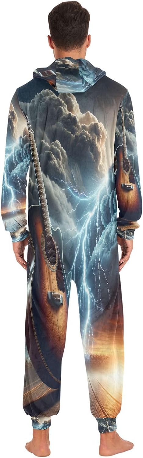 ALAZA Guitar with Thunder Cloud Music Unisex Onesie Hoody Pajamas Jumpsuit One-Piece Sleepwear for Men Women