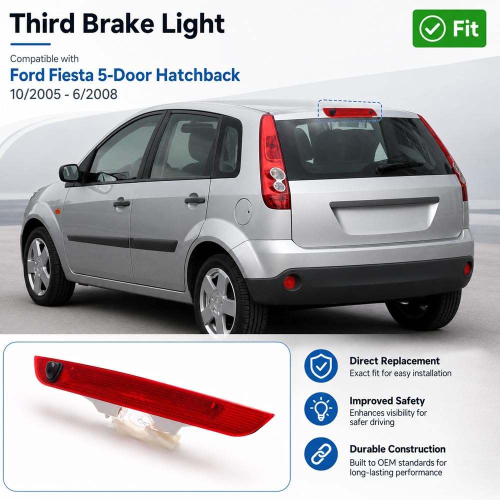 Riloer Terza Luce Freno Centrale Alto Montaggio Lampada di Stop 6S61-13N408-AA 1pz Rosso | Compatibile con Ford Fiesta 5 porte Hatchback 2005-2008, 6S61-13N408-AA 1363489, lampadina alogena