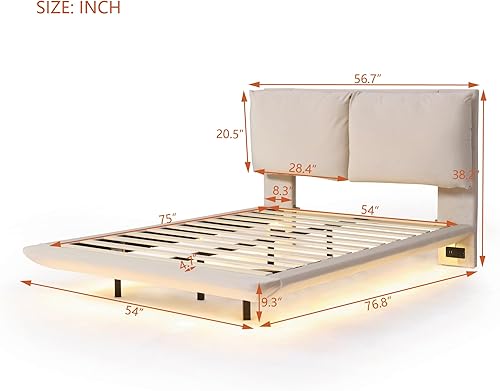 Miniatura 34 de Base de cama flotante tamaño Queen con luces LED y carga USB, marco de cama LED de plataforma tapizada moderna, no necesita somier (blanco-1)