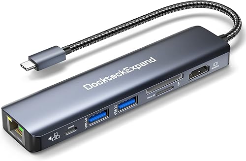 Adaptador multipuerto USB C, DockteckExpand 7 en 1 tipo C Hub con HDMI 4K 60Hz, Ethernet de 1 Gbps, 100 W PD, 2 puertos USB 3.0, ranuras para