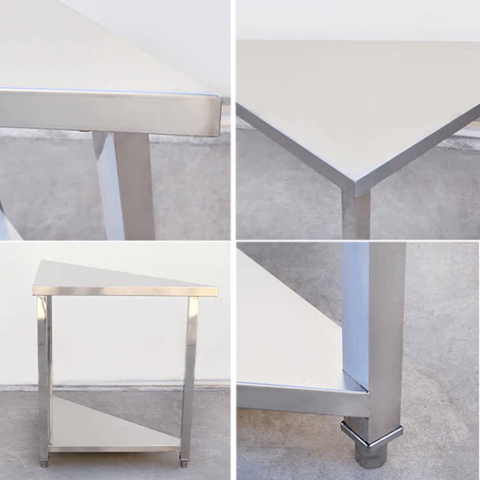 Scaffale angolare a due ripiani in acciaio inox, tavolo in metallo resistente, piano di lavoro commerciale per cucina, postazione di lavoro imballaggio e tritatura, facile da pulire