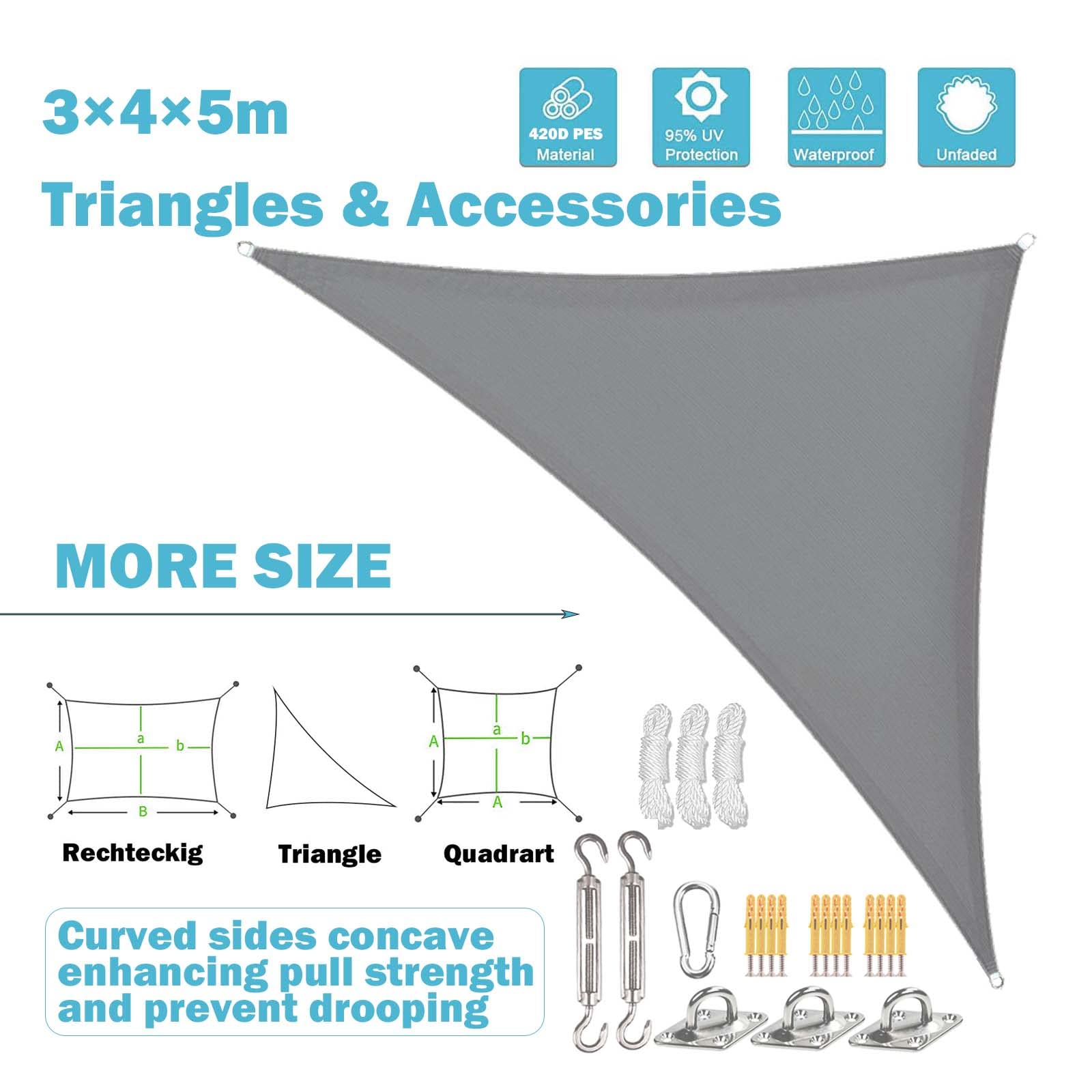 Sunal Sonnensegel Dreieckig 3x4x5m mit Befestigung Set,PES Polyester Wasserdicht,inkl Befestigungsseile,Für Sonnenschutz auf Balkonen,Gärten und Terrassen,Grau