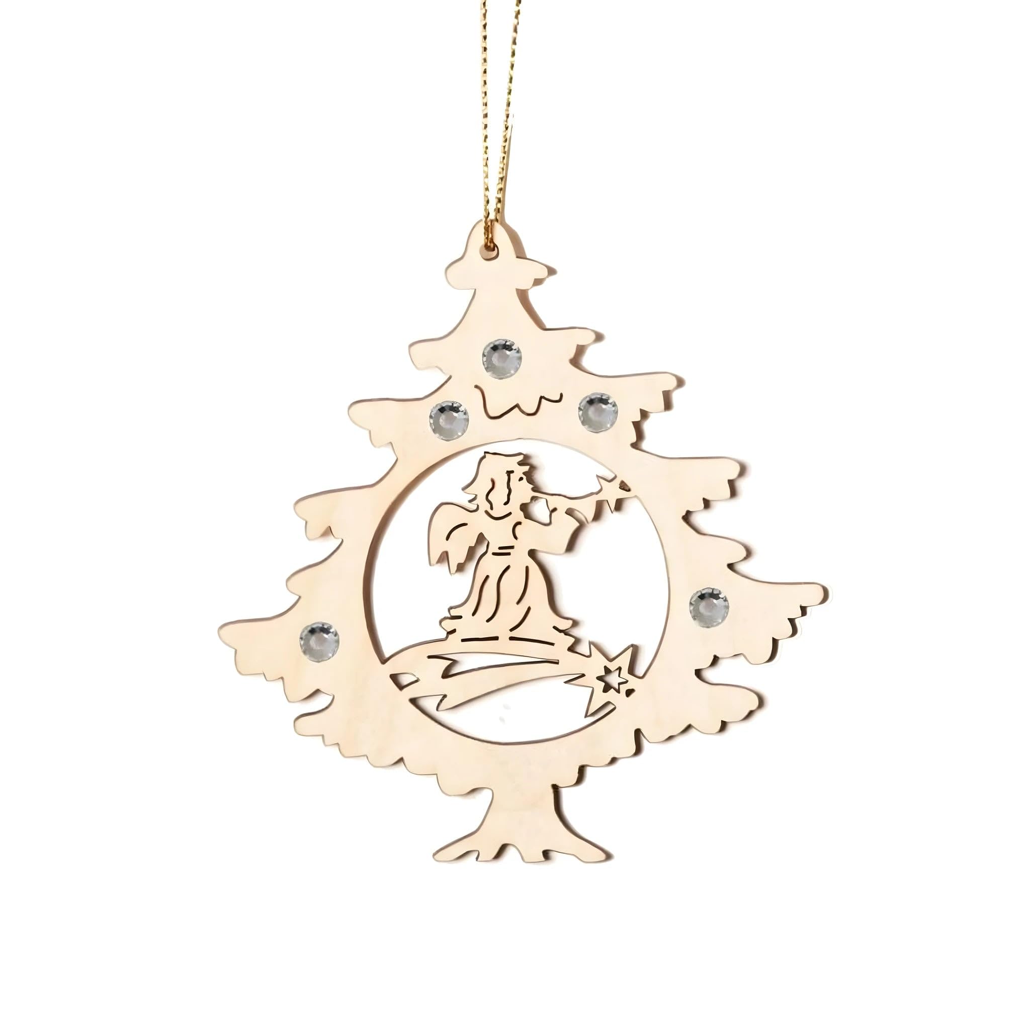 Dolfi Christmas Tree with Wooden Angel and Swarovski Crystal | Hand-Painted Wood in Val Gardena | Religious Article