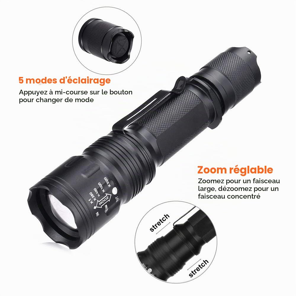 Lampe Torche Tactique LED Puissante 1200 Lumens, Lampe de poche Rechargeable avec Interrupteur de Pression Zoom capable et 5 Modes Lampe de Chasse étanche avec Montage sur Rail