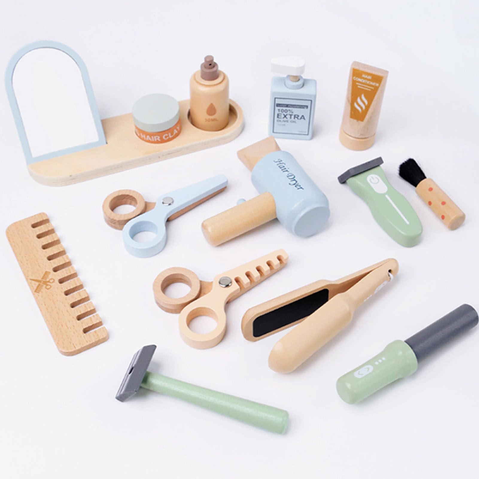 Set di Gioco per Bambini Parrucchiere in Legno, Accessori per Negozio di Barbiere Finti, Giocattolo per la parrucchieria di Ruolo