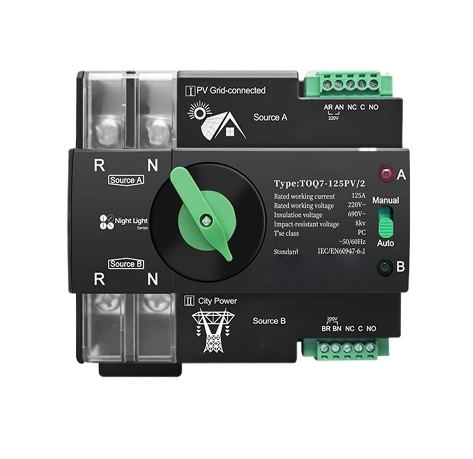 Interruttore selettore elettrico automatico a doppia alimentazione, guida DIN ininterrotta, trifase for fotovoltaico 2P 63A 100A 125A 230V(63A)