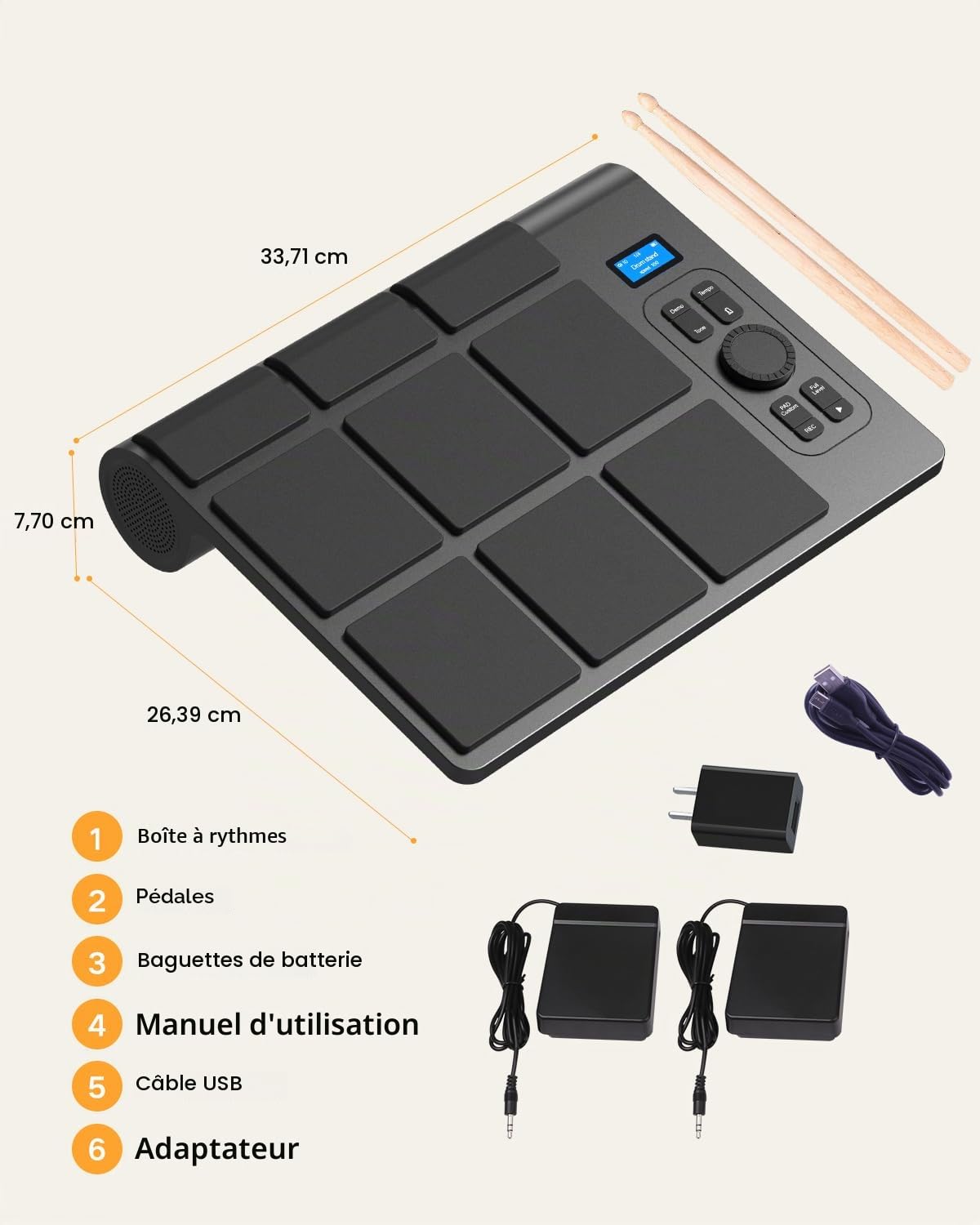 Kit de batterie électrique portable 9 pads avec écran LCD, deux haut-parleurs stéréo et pédales – Batterie numérique pour débutants/professionnels, compatible PC/Mac, pratique à domicile et