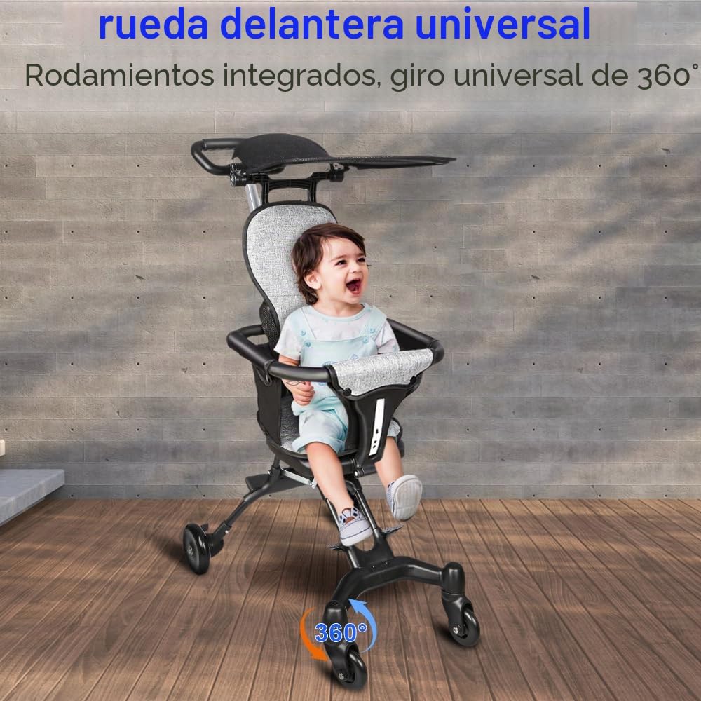 Homewell Cochecito ligero, cochecito portátil plegable, adecuado de 6 meses a 4 años, con toldo negro, se puede llevar a bordo, negro+gris (negro)