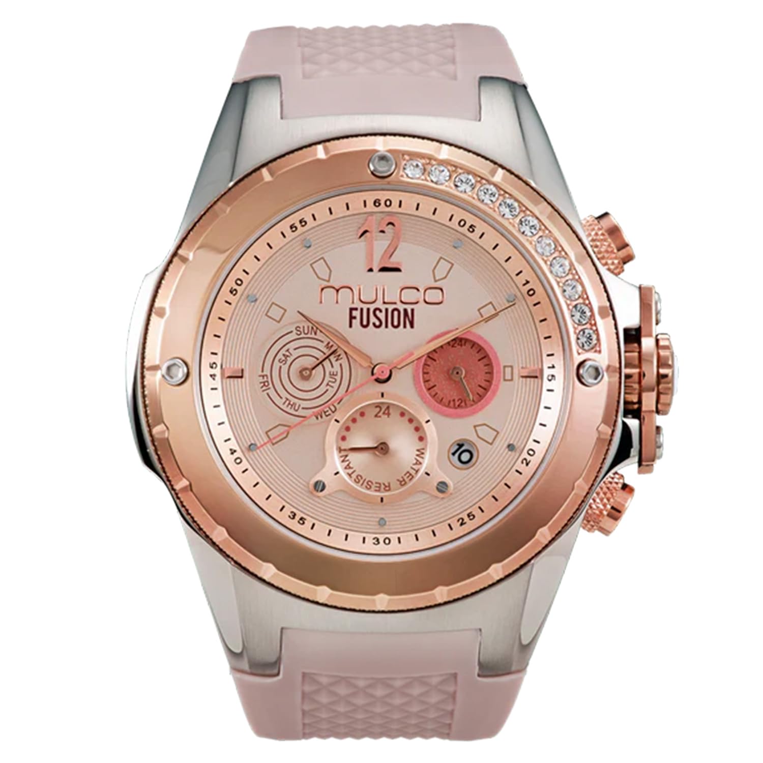 Watches for Women-Blue Marine, Silver Stainless Steel Case with Silicone Wrist Band, Quartz Multifunction Movement,Large Analog Display, Crystal Stones & Rose Gold Accents, 100m Waterproof