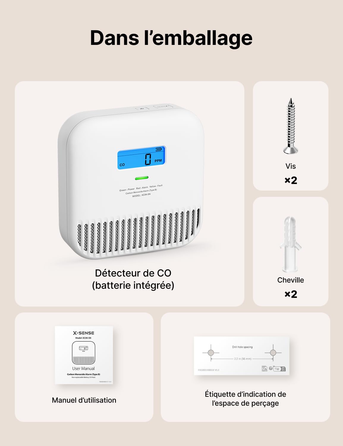 X-Sense Détecteur de Monoxyde de Carbone Autonome, Détecteur de CO Portable pour Voyage, Alimenté par Une Batterie Intégrée de 10 Ans, XC0K-SN