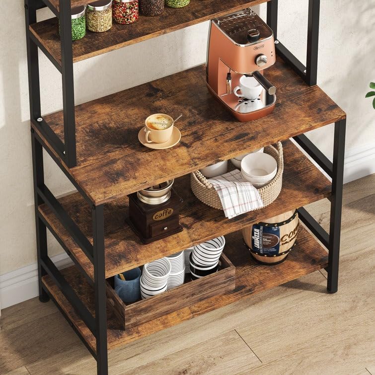 6-Tier Bakers Rack with, Microwave Stand for Kitchen Storage with Hooks, Adjustable Feet, Storage Shelves for Kitchen Dining Living Room,66.5'' H X 31.5'' W X 15.7'' D. (Brown)