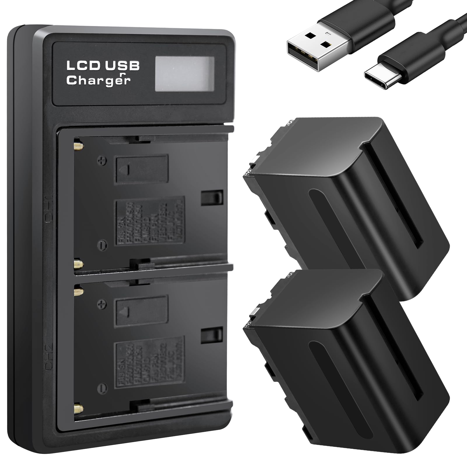 Photo 1 of (2 Pack)12000mAh Battery and LCD Screen Charger for NP-F970, Compatible with Portable Camcorders, Camera, Handycam LED Light, Monitor, Replacement Fast Charger for Sony NP-F960, F550, F950, F930, F750