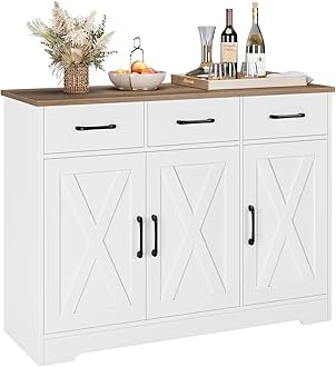 HOSTACK Modern Farmhouse Sideboard Buffet Cabinet, Barn Doors Buffet Storage Cabinet with Drawers and Shelves, Wood Coffee Bar with Storage for Kitchen, Dining Room, Living Room, White