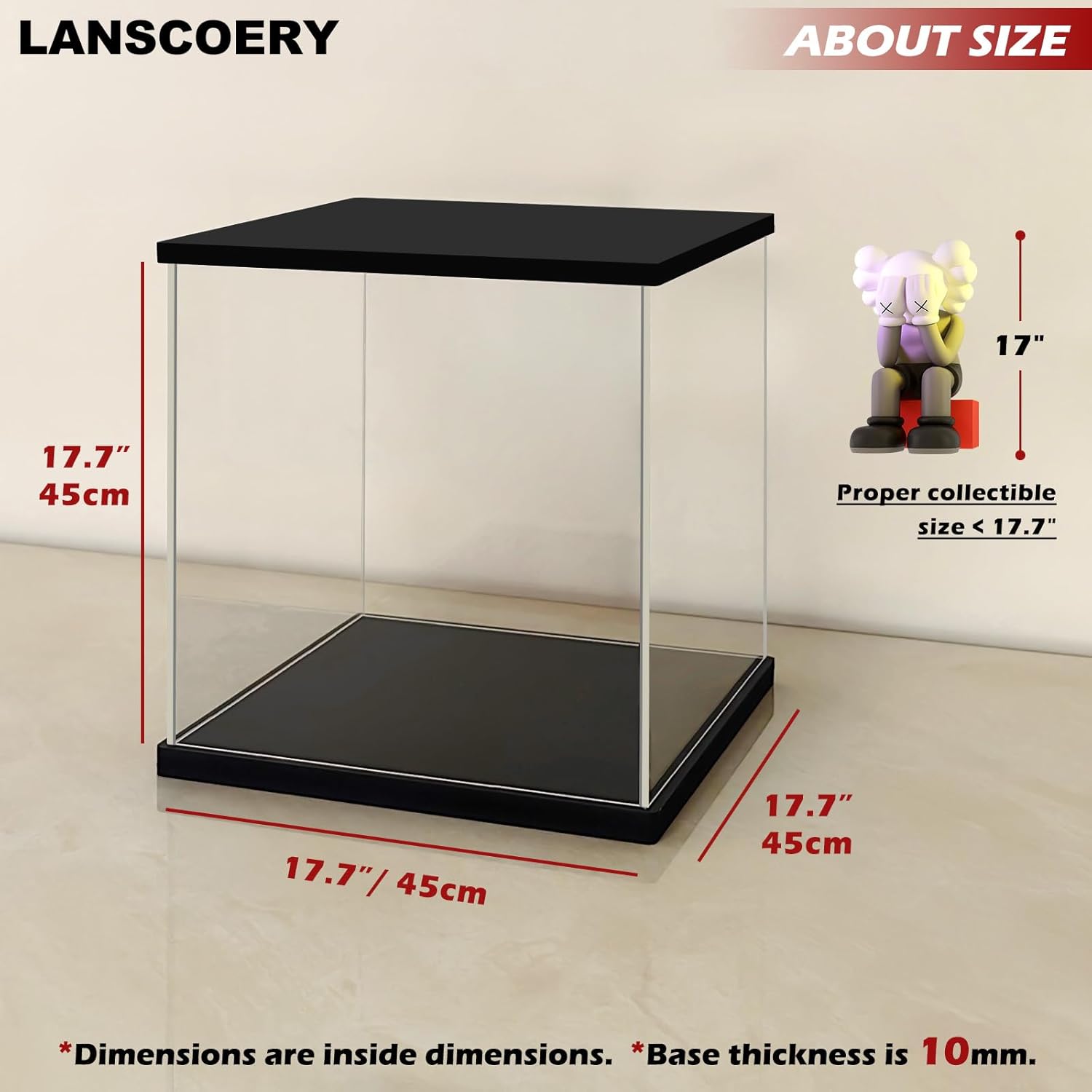 LANSCOERY Clear Acrylic Display Case with RGBW LED Light, Black Display Box with Open Door, Dustproof Showcase, Perfect for Figures Collectibles - 17.7x17.7x17.7 inch