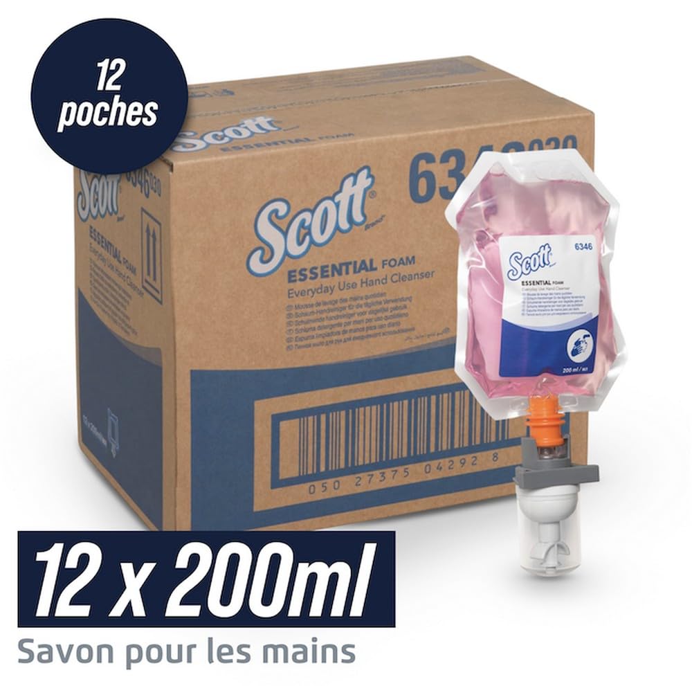 Scott Essential Mousse Lavante pour les Mains 6346, Sans Parfum, Douce & Économique – Usage Fréquent, 12 Recharges x 200 ml (2 400 ml au Total)